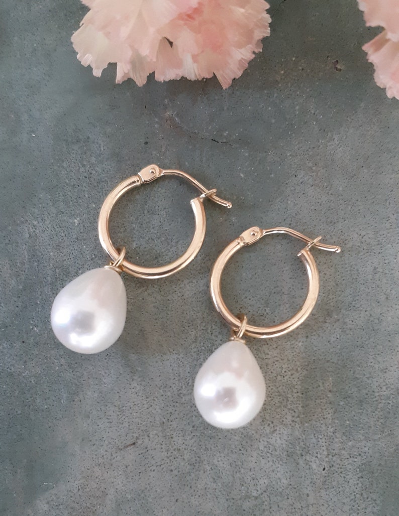 14k Solid Gold Hoop Pearl Earrings,lever Back Gold Hoops With Pearl ...