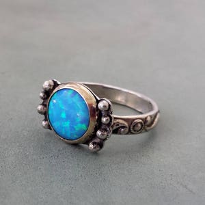 Blue opal unique ring,gold silver opal ring,statement opal ring,anniversary one of a kind opal ring,rustic opal ring, recycled gold ring