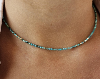 14k Solid Gold Arizona Turquoise Beaded Necklace, Faceted Gemstone Choker