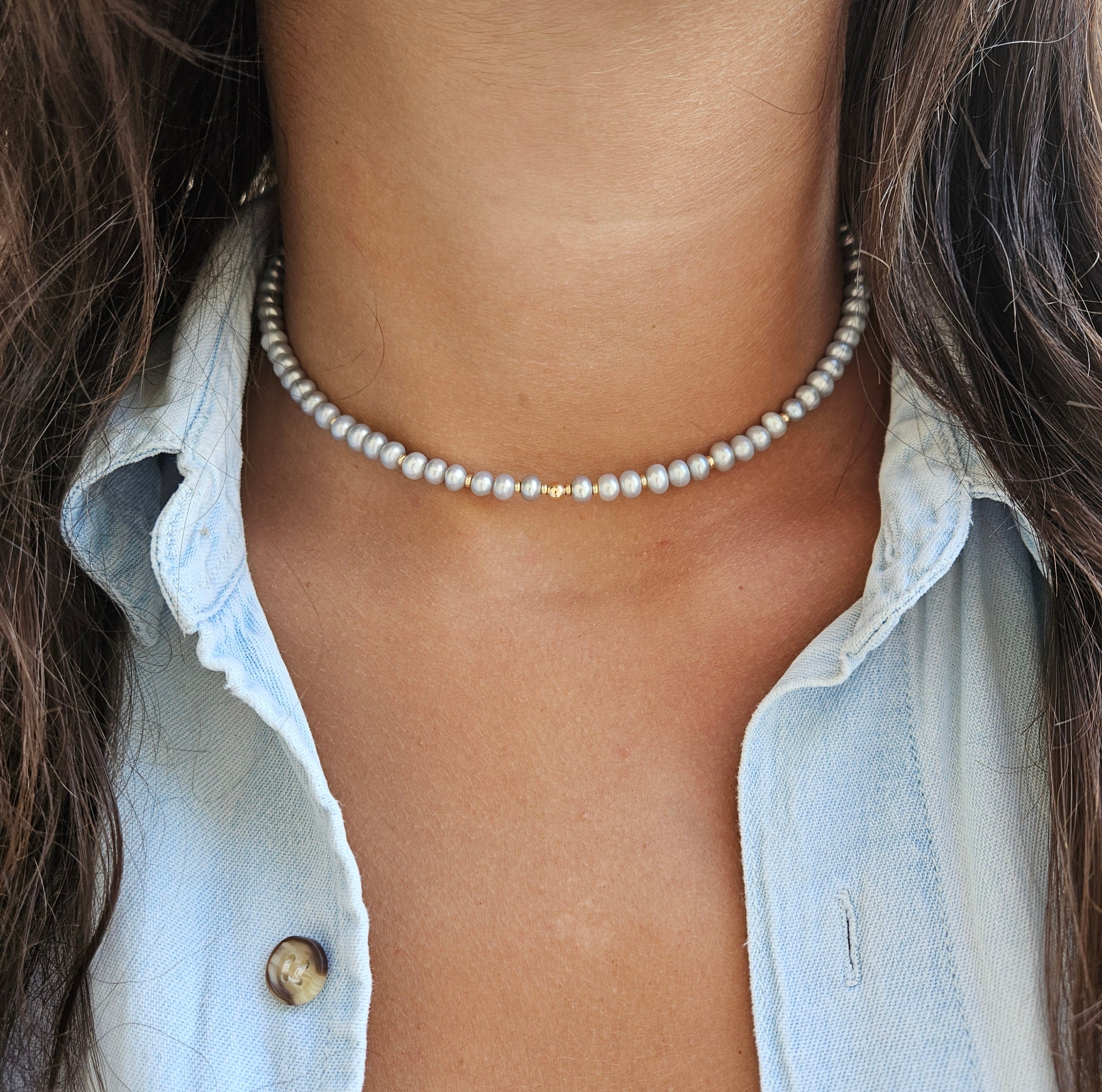 14k Solid Gold Gray Pearl Choker: Freshwater Pearl Necklace