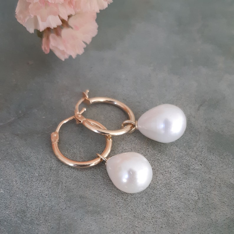 14k Solid Gold Hoop Pearl Earrings,lever Back Gold Hoops With Pearl ...