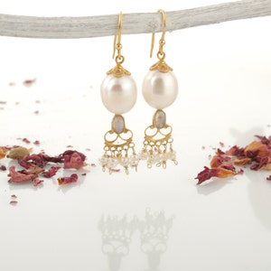 14k solid gold boho chic pearl earrings , yellow gold dangle fresh water pearl earrings,unique earrings,anniversary gift for wife