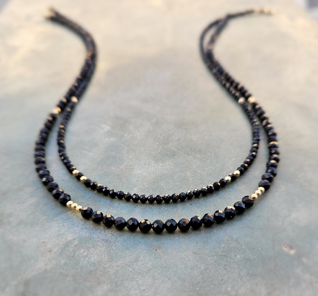 Pehvdkuq Dainty Black Spinel Beaded Choker Necklace - 3mm Black Agate Beads, 18k Gold Plated Chain - View #7