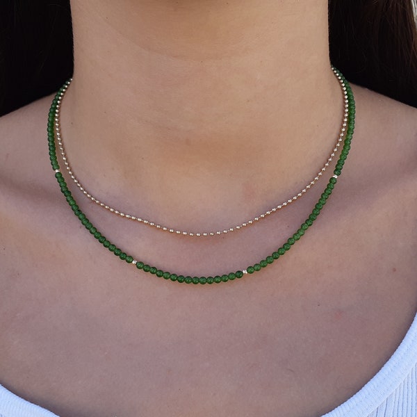 14k solid gold jade necklace,4mm green jade beaded necklace chocker,anniversary wife gift,jade jewelry,14k solid gold jade necklace