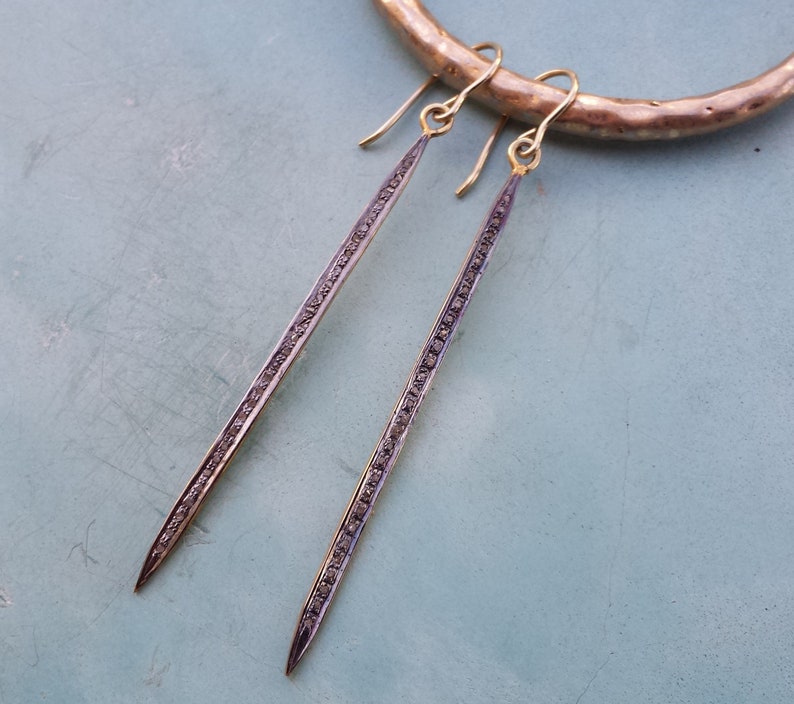 Long diamond bar earrings,gold and silver rough diamond bar earrings,raw grey diamond dangle earrings diamond bar earring,unique earrings