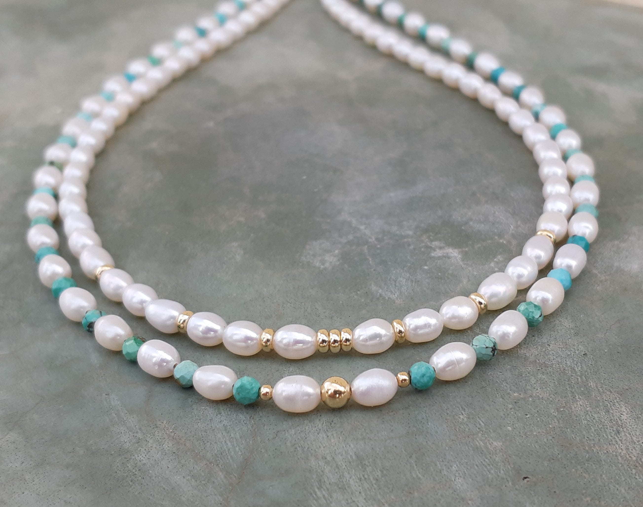 14k Solid Gold Pearl and Turquoise Necklace,gold Pearl Chocker,14k Gold ...