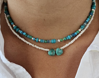 Collar con cuentas de varias piedras preciosas, gargantilla de turquesa con cuentas de oro de 14k, joyería para combinar con otras joyas.