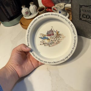 May include: A round white ceramic plate featuring a central illustration of a rabbit running from a person in a garden. The rim of the plate is inscribed with the text: But round the end of a cucumber frame, whom should he meet but Mr. McGregor!