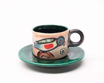 Parrot Design "Jester" Cup and Saucer  Christian Vocke  Australian Pottery 1999