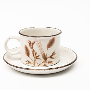 May include: A white ceramic teacup and saucer with a brown floral design. The cup has a handle and the saucer is round.