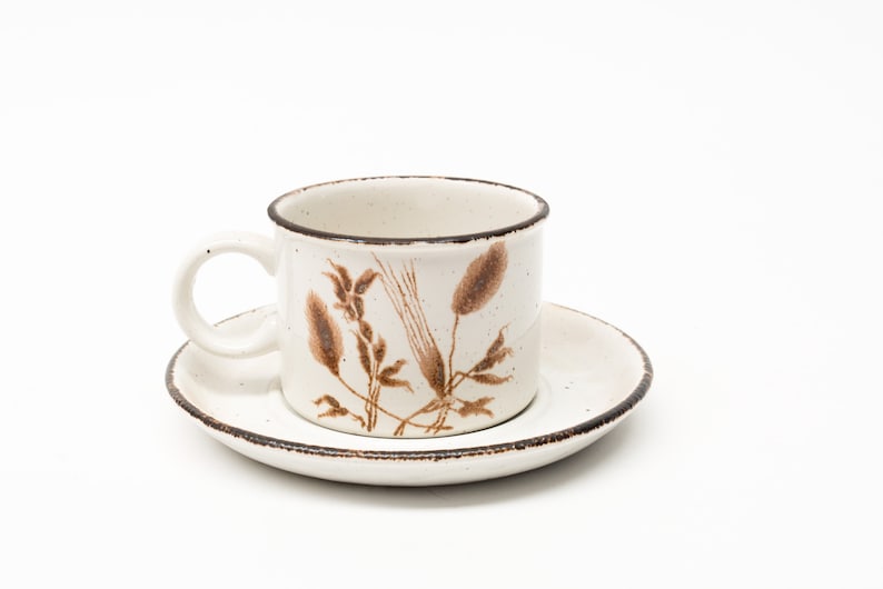 May include: A white ceramic teacup and saucer with a brown floral design. The cup has a handle and the saucer is round.