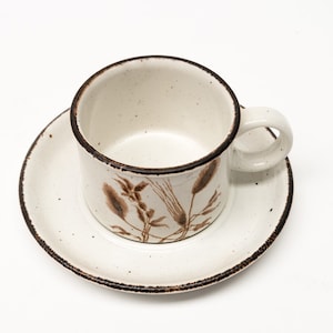 May include: A white ceramic teacup and saucer with a brown floral design. The cup has a rounded shape and a handle. The saucer has a scalloped edge.
