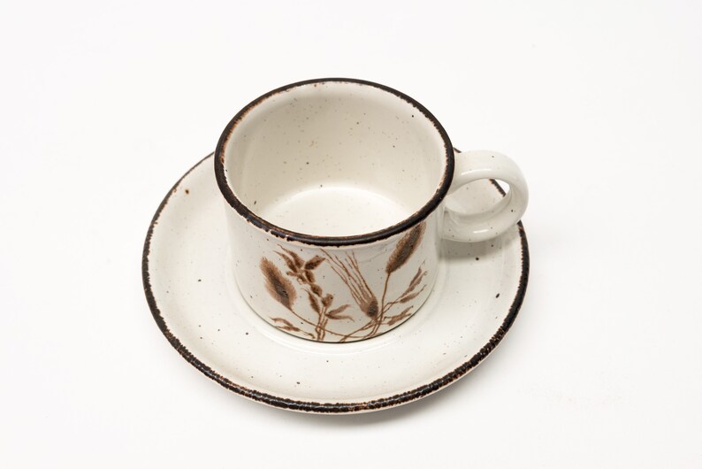 May include: A white ceramic teacup and saucer with a brown floral design. The cup has a rounded shape and a handle. The saucer has a scalloped edge.