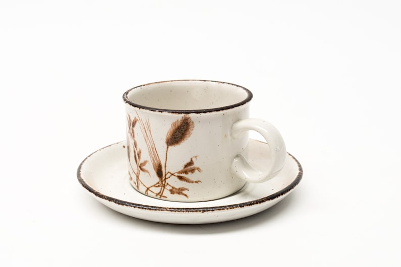 May include: A white ceramic teacup and saucer with a brown floral design. The cup has a handle and the saucer is round.