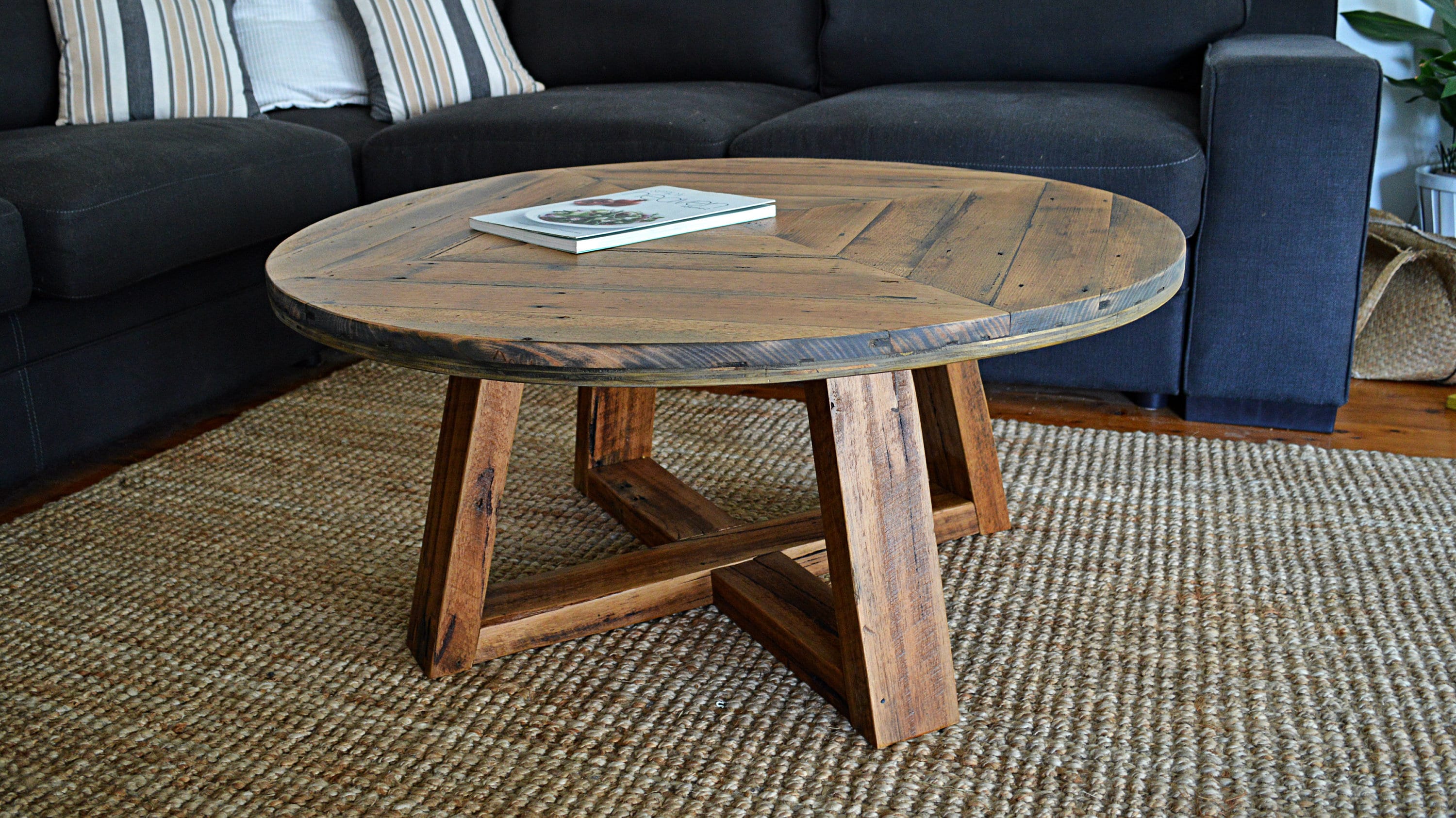 Round Recycled Timber Rustic Coffee Table Geometric Table Top Trestle