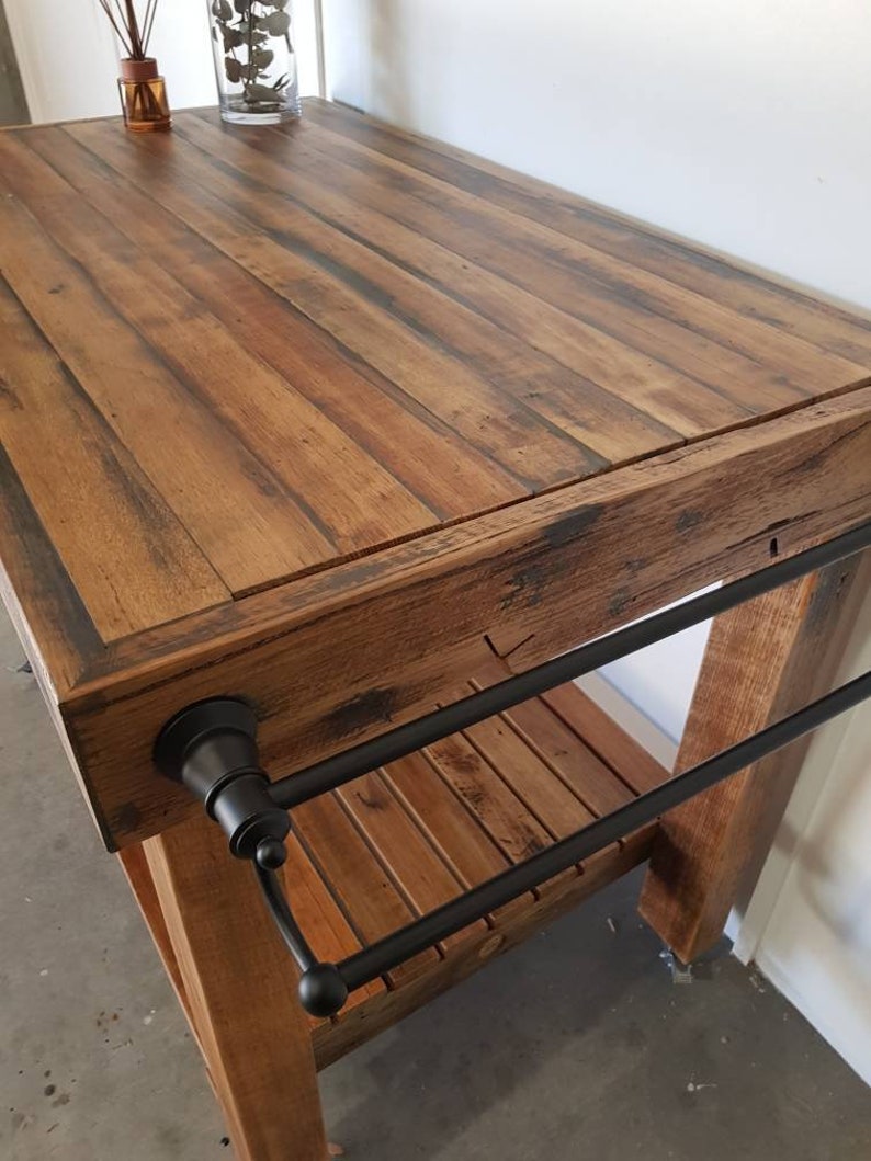 Butchers Block Style Island Bench Rustic Castor Wheels Knife Block