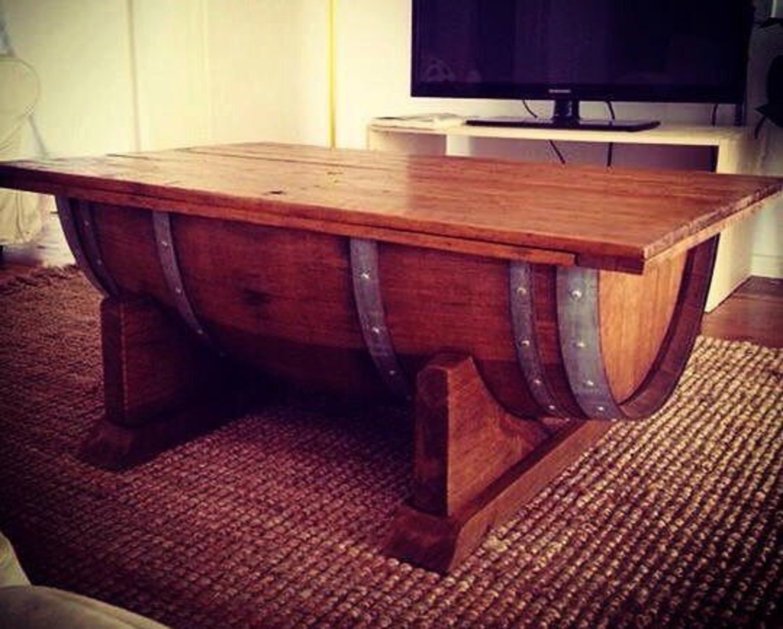 Wine barrel coffee table with recycled timber top that opens Etsy
