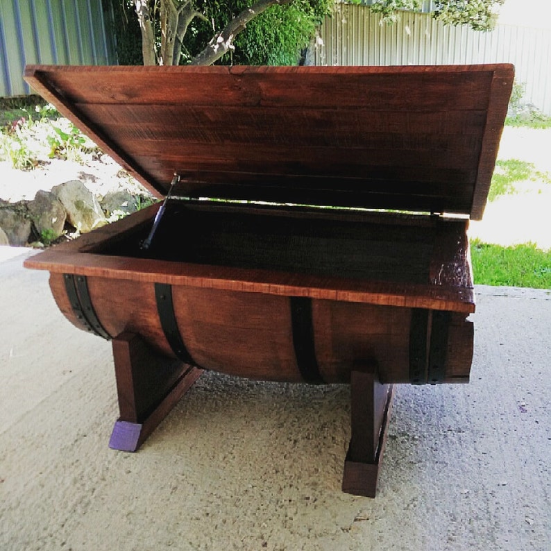 Wine barrel coffee table with recycled timber top that opens Etsy