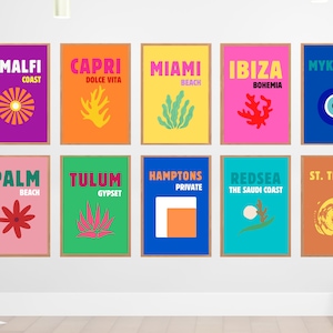 Set of 10 Travel Prints, Palm beach Poster, Tulum, Capri Print, Miami Beach Print, Ibiza Bohemia Print, Mykonos Print, St. Tropez