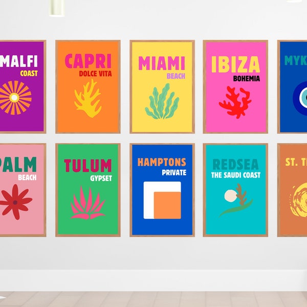 Set von 10 Travel Prints, Palm Beach Poster, Tulum, Capri Print, Miami Beach Print, Ibiza Bohemia Print, Mykonos Print, St. Tropez