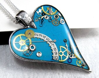 Turquoise Blue Steampunk Heart Pendant, Steampunk jewelry, Clockwork heart, Mechanical Heart, Turquoise Heart Necklace, Resin Blue Heart