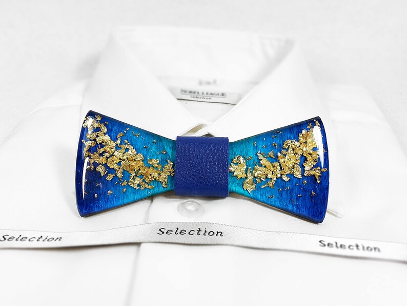 groom resin bow tie for gentleman blue gold wood necktie weeding theme groomsman Royal blue sparkle gold bits wooden bow tie father