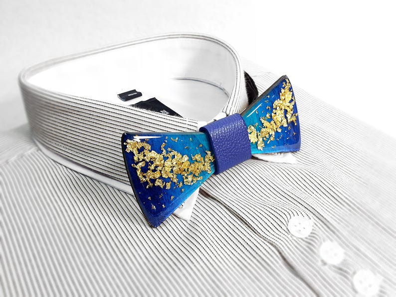 groom resin bow tie for gentleman blue gold wood necktie weeding theme groomsman Royal blue sparkle gold bits wooden bow tie father
