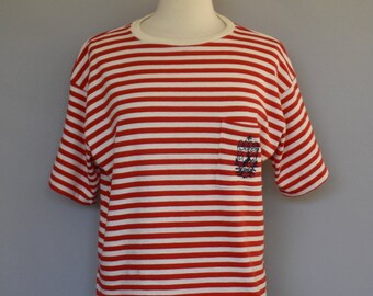 80s Red & White Stripe T-shirt, Earthquake Striped T-shirt, Oversized Horizontal Stripe Tee, Vintage 1980s, Size Large to XL