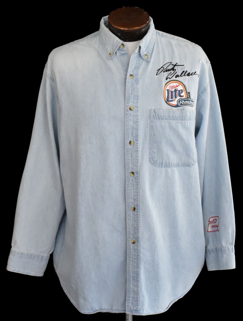 Rusty Wallace Denim Shirt 1990s Nascar Button Front Vintage 90s Miller Lite Racing Shirt Size Large to XL