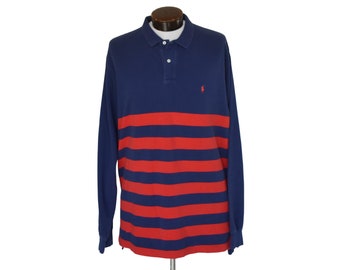 Vintage 90s Ralph Lauren Polo Rugby Shirt, 1990s Red & Blue Chunky Striped Polo Shirt, Size XXL