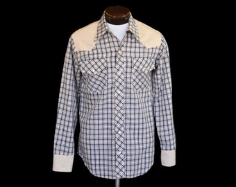 Vintage 70s Western Shirt, 1970s Blue Plaid Snap Front, Size Medium