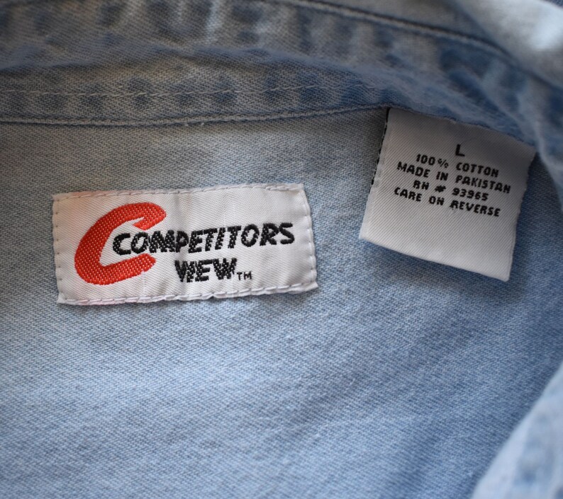 Rusty Wallace Denim Shirt 1990s Nascar Button Front Vintage 90s Miller Lite Racing Shirt Size Large to XL