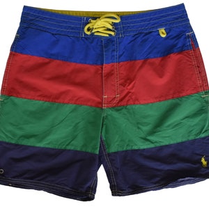Vintage jaren 90 Polo Ralph Lauren boardshort, jaren 1990 kleurblok met mesh gevoerde zwembroek, maat Small tot Medium