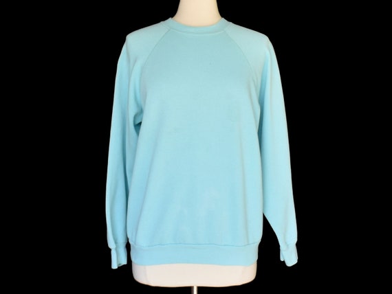 Vintage 80s Aqua Blue Blank Sweatshirt, 1980s Dis… - image 1