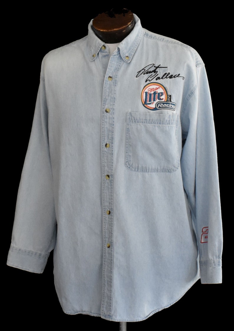 Rusty Wallace Denim Shirt 1990s Nascar Button Front Vintage 90s Miller Lite Racing Shirt Size Large to XL
