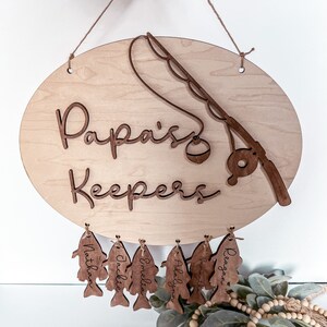 Może przedstawiać: Drewniany, owalny znak z napisem "Papa's Keepers" i wzorem wędki. Do znaku przymocowanych jest siedem drewnianych, rybokształtnych zawieszek, każda z napisem: Nathan, Jackie, Amelia, Adalyn, Jonathan, Reagan.