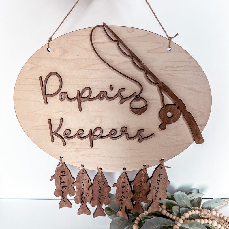 Może przedstawiać: Drewniany, owalny znak z napisem "Papa's Keepers" i wzorem wędki. Do znaku przymocowanych jest siedem drewnianych, rybokształtnych zawieszek, każda z napisem: Nathan, Jackie, Amelia, Adalyn, Jonathan, Reagan.