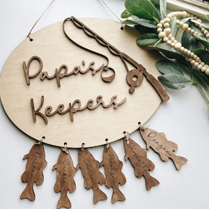 Może przedstawiać: Drewniany, owalny znak z napisem "Papa's Keepers" i wędką z przynętą. Siedem drewnianych rybek wisi na znaku, każda z wygrawerowanym imieniem: Nathan, Jackie, Amelia, Adalynn, Samantha, Reagan.