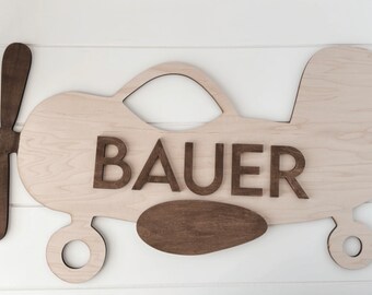 Vintage Airplane Nursery Name Sign: 3D Maple Wood Decor