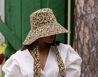 Wide Brim Floral Women Sun Hat Side Ties Bucket Hat Summer