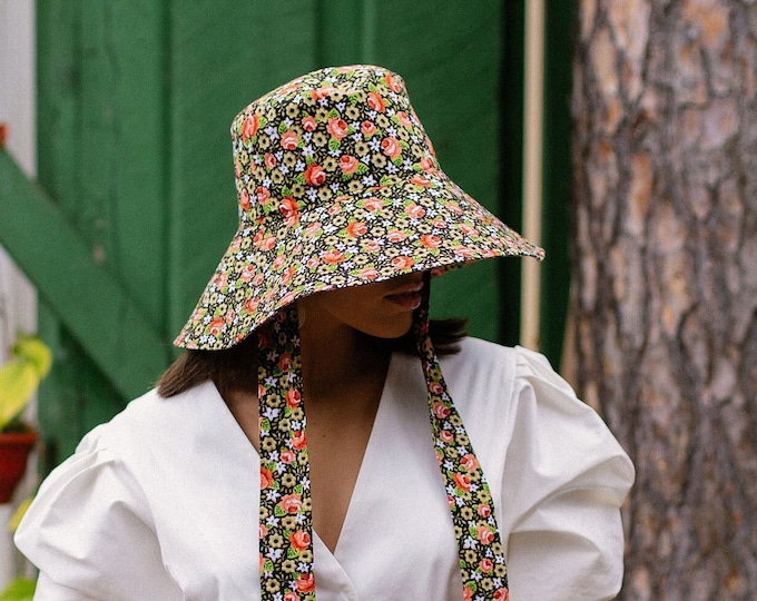 Wide Brim Floral women Sun Hat - Side Ties Bucket Hat - Summer Floppy Brim Sun Hat - Women Foldable Beach Hat - Designer Women Bucket Hat