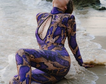 Snakeskin long sleeve women jumpsuit-Leotard Women purple bodysuit-Festival snakeskin catsuit-Designer Halloween women costume-Custom made