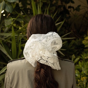 White Oversized Scrunchie, Hair Large Organza  Scrunchie, Wedding Statement Bridal Scrunchie, Floral Organza Bun Holder, Giant Scrunchie