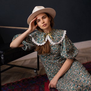 Prairie Romantic Dress Puff Sleeves Summer Cotton Dress Designer Detachable Collar Dress Floral Dress Victorian Style V Neck Dress