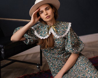 Prairie Romantic Dress Puff Sleeves Summer Cotton Dress Designer Detachable Collar Dress Floral Dress Victorian Style V Neck Dress
