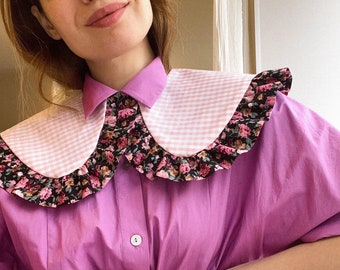 Cute Frilled Peter Pan Collar Women Floral Removable Collar Oversized Ruffled Collar Pink Checkered Statement Collar Removable Collar