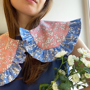 Cute Frilled Collar Floral Reversible Ruffled Women Collar Detachable Oversized Prairie Collar Statement Peter Pan Pink & Blue Collar