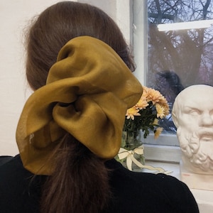 Amazing Oversized Scrunchie, Natural Silk Organza Scrunchie, Minimalist Scrunchie Olive Organza Bun Holder, Giant Sheer Scrunchie