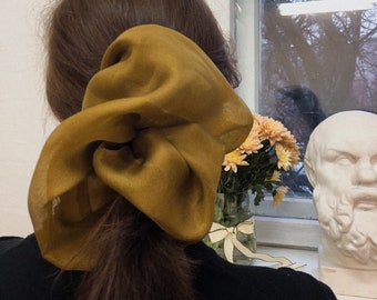 Amazing Oversized Scrunchie, Natural Silk Organza Scrunchie, Minimalist Scrunchie Olive Organza Bun Holder, Giant Sheer Scrunchie