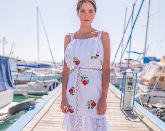 Women's White Summer Dress Designer Mini Flounce Ethnic Sarafan Embroidery Floral Print Knee Length Chic Folk